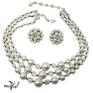 Vintage 3 Strand Pearl Crystal Necklace Clip On Earring Set Original Box Japan